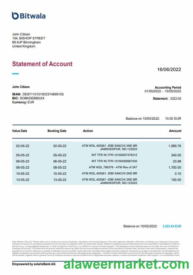 United Kingdom Bitwala bank statement, Word and PDF template